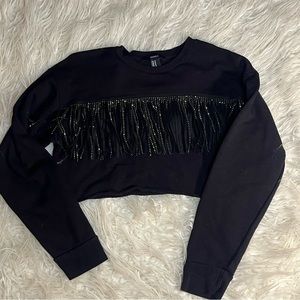 F21 Fringed Cropped Black Sweatshirt Size Medium